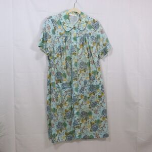 K-Mart Floral Housecoat Robe L Blue Womens Vintage‎ Snap Front Duster